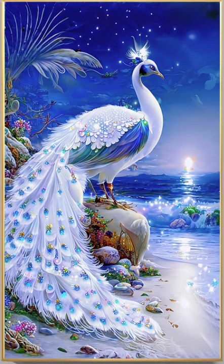 peacock-1005 *พร้อมส่ง* ชุดปักครอสติช ลายนกยูงขาวริมทะเล (ปักเต็มผืนผ้า ไม่มีเดินเส้น ผ้า11CTพิมพ์ลาย ปัก 3 เส้นเล็ก ) ขนาด 50*80 ซม.ผ้าครอสติช 11CTพิมพ์ลายปักบนผ้า ไหมคอตตอน 43 สี ผังลาย เข็ม