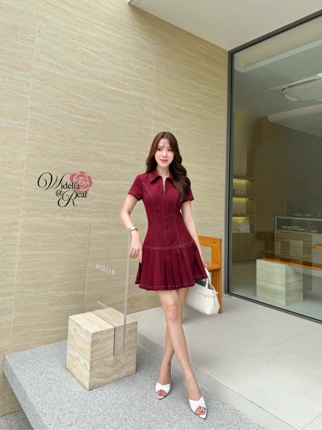 Korea Dress เดรสแขนสั้น คอปก ซิปหน้า กระโปรงจีบรอบ เนื้อผ้ายีนส์แท้ 100%