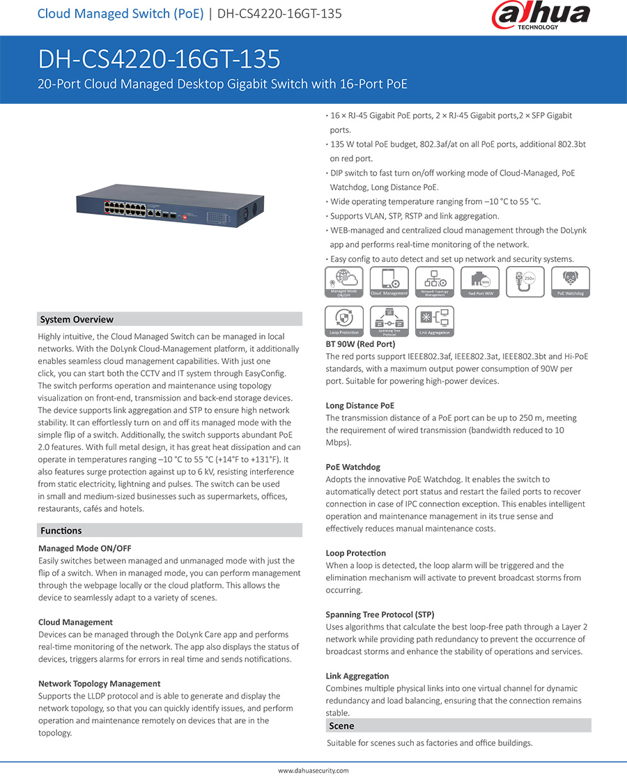 DAHUA CS4220-16GT-135 20-Port Cloud Managed Desktop Gigabit Switch with 16-Port PoE 135W BY BILLIONAIRE SECURETECH CS4220-16GT-135