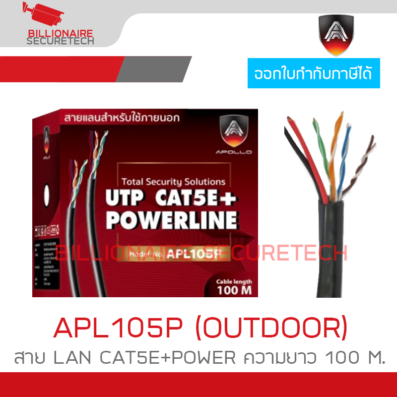 APOLLO APL105P / APL-105P สาย LAN CAT5E+POWER OUTDOOR สำหรับใช้ภายนอก ความยาว 100 M. สายสีดำ BY BILLIONAIRE SECURETECH APL105P