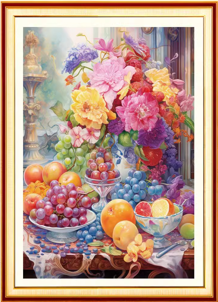 botan-1103 *สินค้าหมด* ชุดปักครอสติช ลายแจกันโบตั๋นกับผลไม้ (ปักเต็มผืนผ้า ไม่มีเดินเส้น ผ้า11CTพิมพ์ลาย มีประกาย ปัก 3 เส้นเล็ก) ขนาด 40*70 ซม.ผ้าครอสติช 11CTพิมพ์ลายปักบนผ้า ไหมคอตตอน 43 สี ผังลาย เข็ม