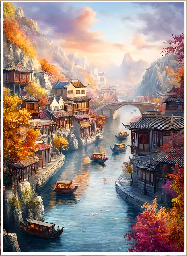 home-1018 *พร้อมส่ง* ชุดปักครอสติช ลายบ้านริมคลอง ในฤดู autumn (ปักเต็มผืนผ้า ไม่มีเดินเส้น ผ้า11CTพิมพ์ลาย ปัก 3 เส้นเล็ก) ขนาด 50*70 ซม.ผ้าครอสติช 11CTพิมพ์ลายปักบนผ้า+ไหมคอตตอน 34 สี+ผังลาย+เข็ม