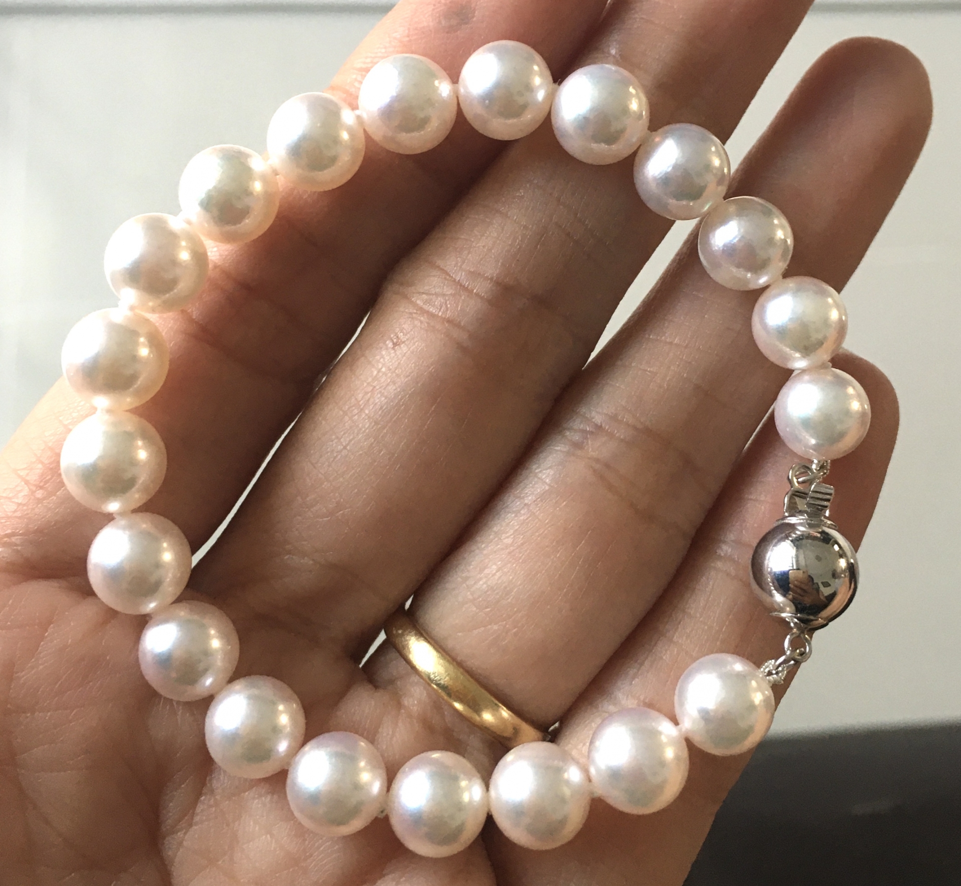 สร้อยข้อมือไข่มุกอะโกย่าญี่ปุ่นแท้ ขนาด 7-7.5 มิล ตะขอ 14K