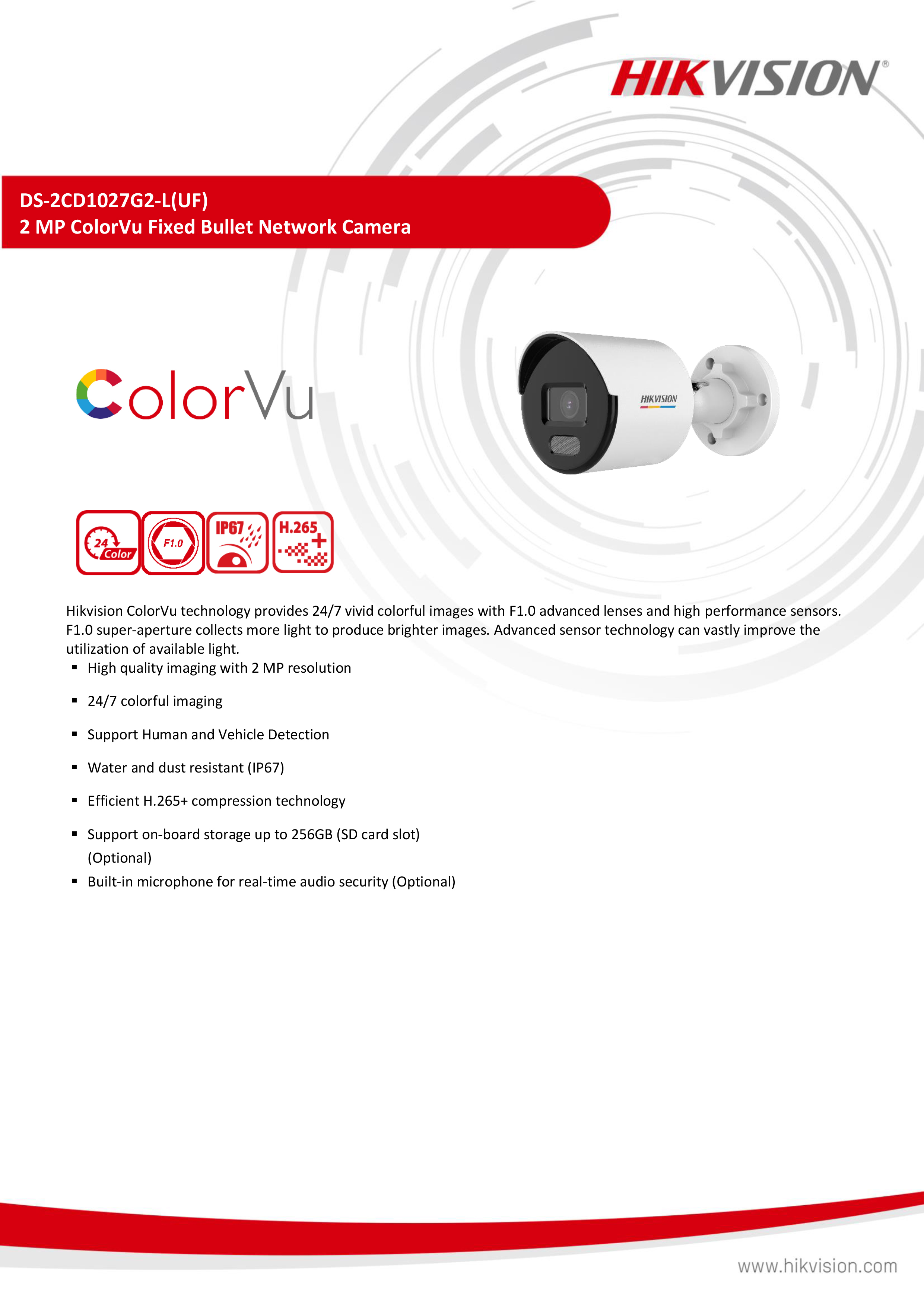 HIKVISION DS-2CD1027G2-LUF (2.8 / 4 mm.) กล้องวงจรปิดระบบ IP ความละเอียด 2 ล้านพิกเซล ภาพเป็นสีตลอด 24 ชม. มีไมค์ในตัว BY BILLIONAIRE SECURETECH DS-2CD1027G2-LUF