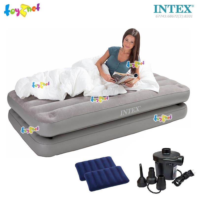 Intex 2-In-1 Airbed 3.5ft (Twin) 99x191x46 cm Grey no.67743 + 2 Pillows & Elec. Air Pump