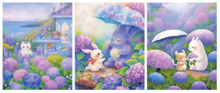 rabbit-1127 *สินค้าหมด* ชุดปักครอสติช ลาย เซต 3 ชิ้น กระต่ายในสวนดอกไม้ (งานปักเต็มลาย ไม่มีเดินเส้น) ปักครั้งละ 3 เส้นเล็ก ขนาดภาพละ 43*51 ซม.ผ้าครอสติช 11CTพิมพ์ลายปักบนผ้า ไหมคอตตอน 127 สี ผังลาย เข็ม