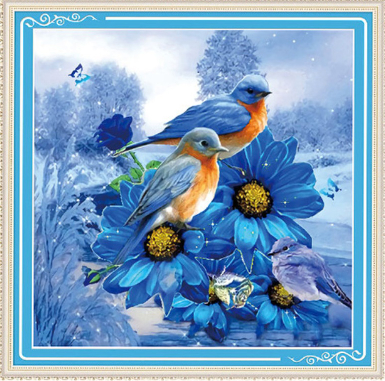 bird-1105 *สินค้าหมด* ชุดปักครอสติช ลายนกน้อยกับช่อเยอบีร่า (งานปักเต็มลาย ไม่มีเดินเส้น ปักครั้งละ 3 เส้นเล็ก) ขนาด 60*60 ซม.ผ้าครอสติช 11CTพิมพ์ลายปักบนผ้า ไหมคอตตอน 31 สี ผังลาย เข็ม