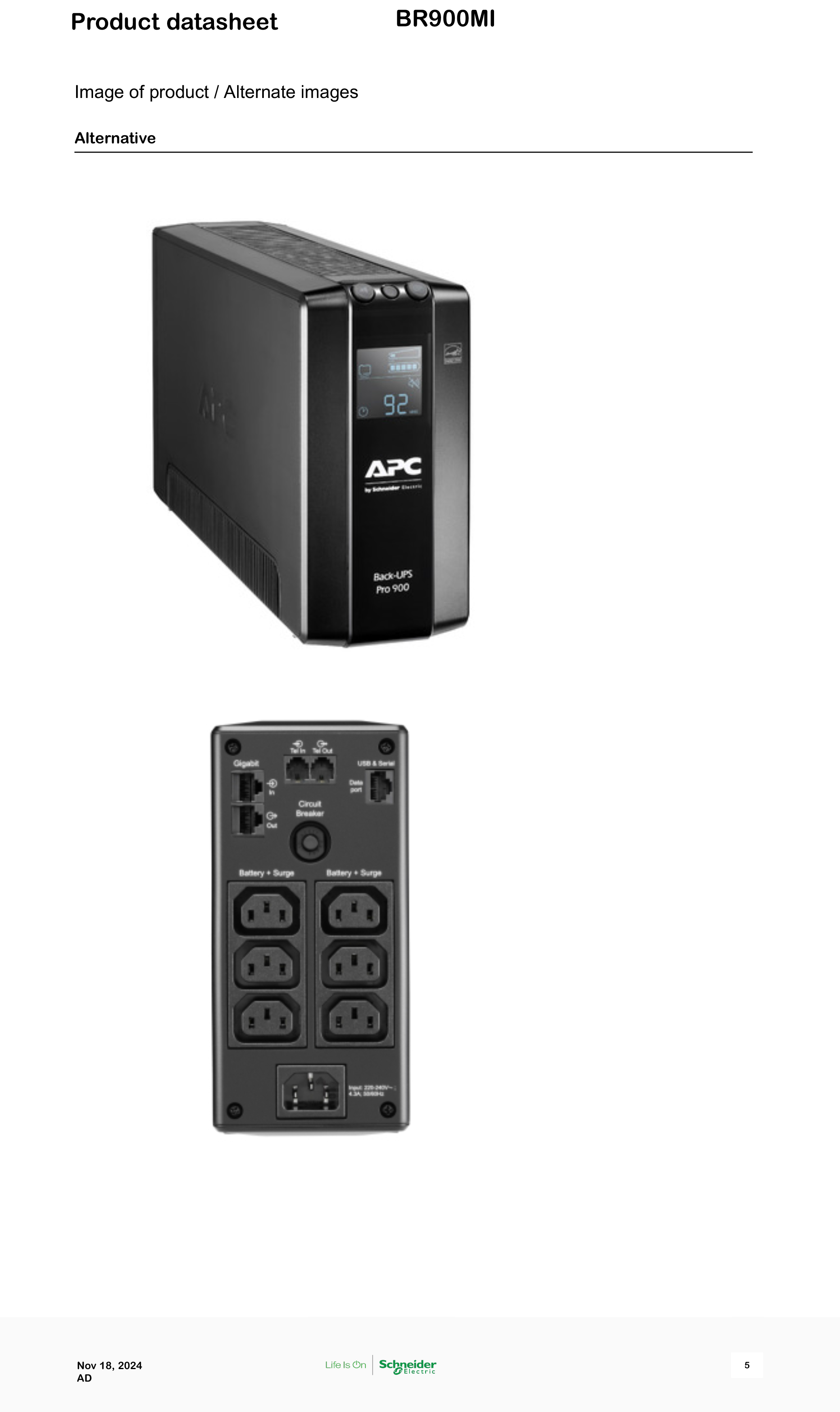 APC BR900MI : 900VA/540W, Back-UPS Pro, Tower, 230V, 6x IEC C13 outlets, AVR, LCD, User Replaceable Battery BY BILLIONAIRE SECURETECH BR900MI