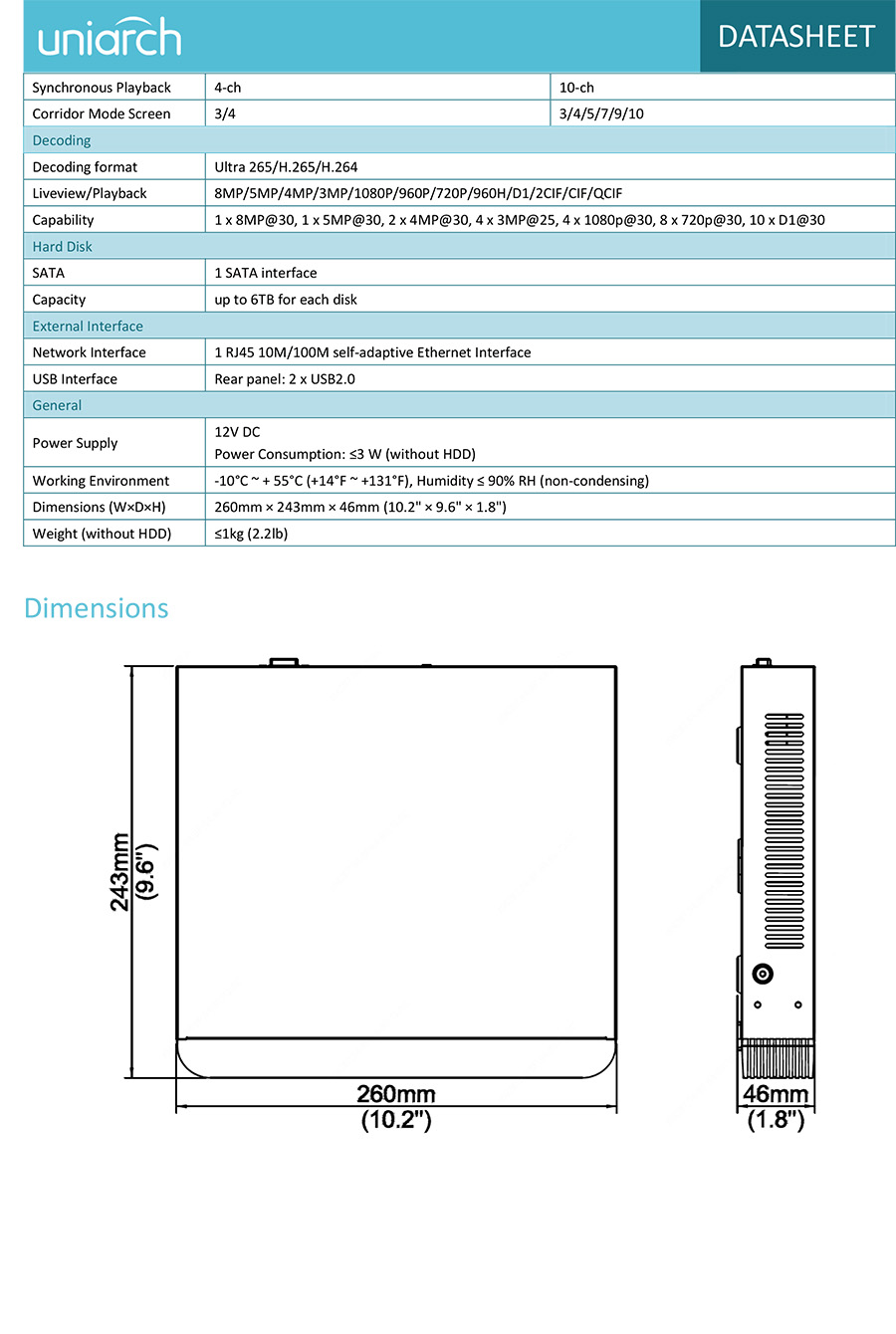 UNIARCH NVR-110E2 NVR 10CH, H.265, 1SATA, Up to 8MP Camera BY BILLIONAIRE SECURETECH NVR-110E2