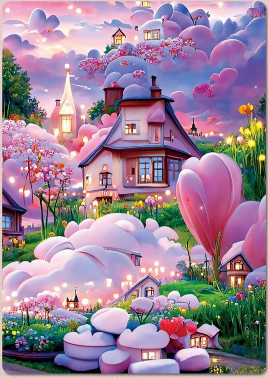 home-1161 *สินค้าหมด* ชุดปักครอสติช ลายบ้านสวยในม่านเมฆ (ปักเต็มผืนผ้า ไม่มีเดินเส้น ผ้าพิมพ์ลาย 11CT ปัก 3 เส้นเล็ก) ขนาด 51*65 ซม.ผ้าครอสติช 11CT พิมพ์ลายปักบนผ้า ไหมคอตตอน 40 สี ผังลาย เข็ม