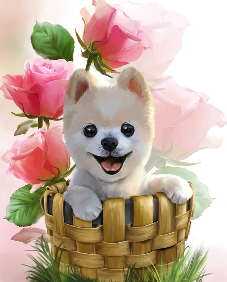 dog-2001 *พร้อมส่ง* ชุดภาพติดคริสตัลกลม ลายน้องหมาในตะกร้า ( งานติดเต็มภาพ ) ขนาด 35*45 ซม.ผ้าแคนวาสลงผังลายเต็ม คริสตัลกลม 37 สี อุปกรณ์ครบชุด