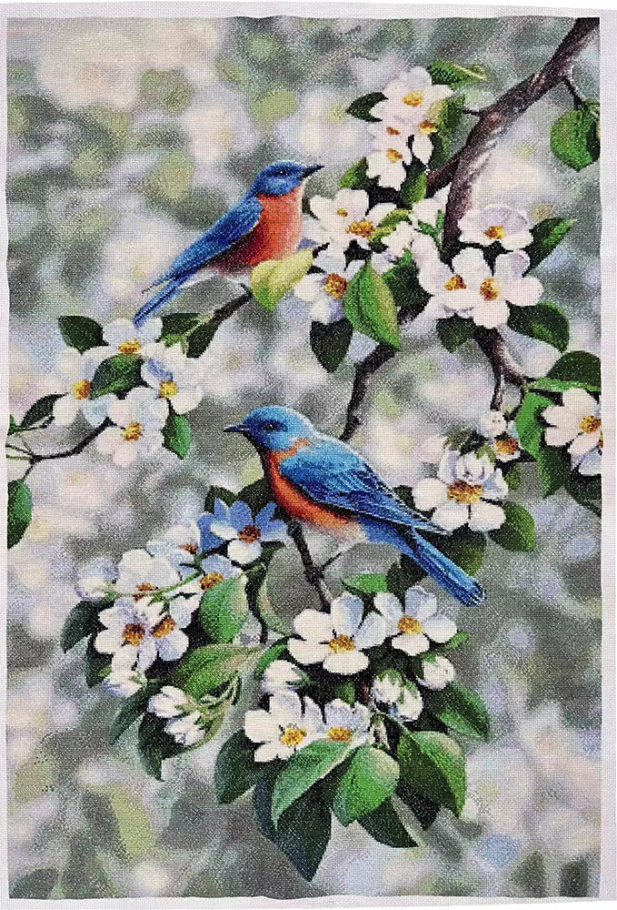 bird-1113 *สินค้าหมด* ชุดปักครอสติช ลายนกคู่เกาะช่อดอกไม้ (ปักเต็มผืนผ้า ไม่มีเดินเส้น ผ้า11CTพิมพ์ลาย ปัก 3 เส้นเล็ก) ขนาด 70*100 ซม.ผ้าครอสติช 11CTพิมพ์ลายปักบนผ้า ไหมคอตตอน 51 สี ผังลาย เข็ม