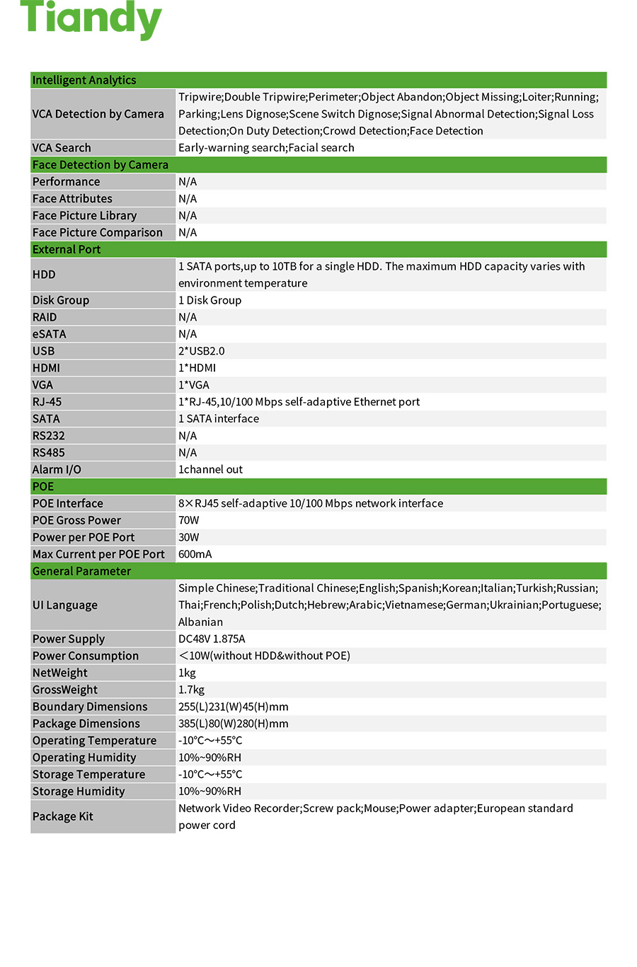 TIANDY TC-R3110 SPEC:I/B/P8/V3.0 NVR 10CH / 8POE H.265 1SATA BY BILLIONAIRE SECURETECH TC-R3110 SPEC:I/B/P8/V3.0