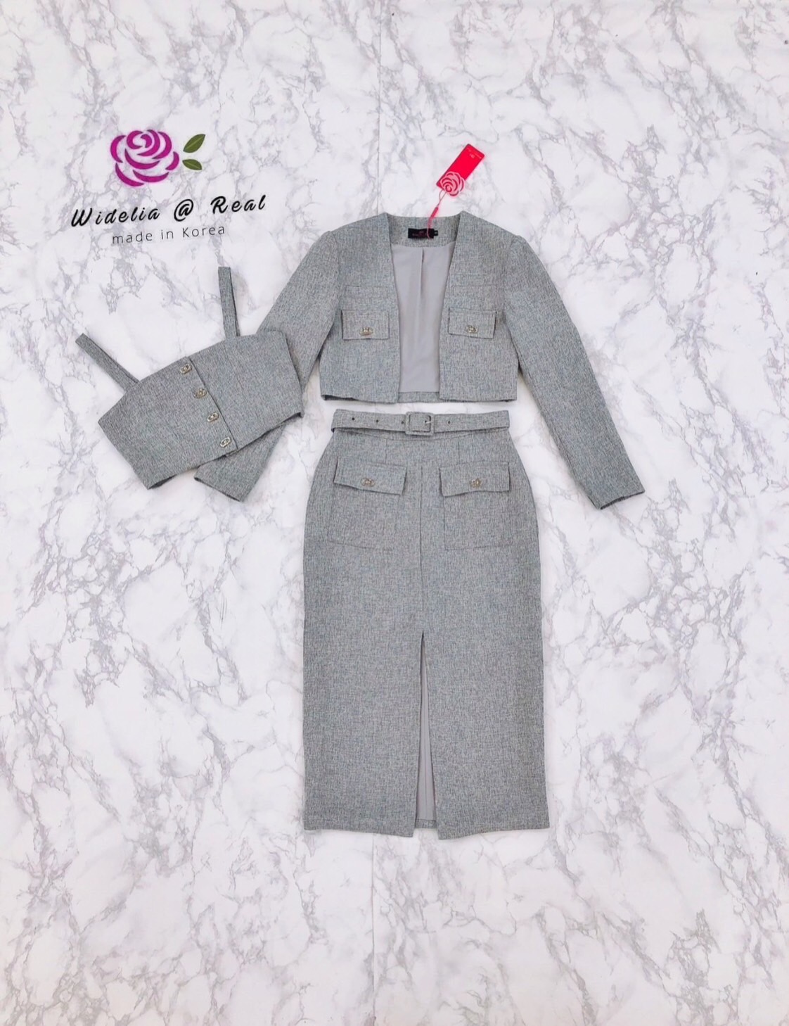 Korea Set :: เซ็ทเสื้อคลุมแขนยาว สายเดี่ยว กับกระโปรงทรงสอบตัวสวย