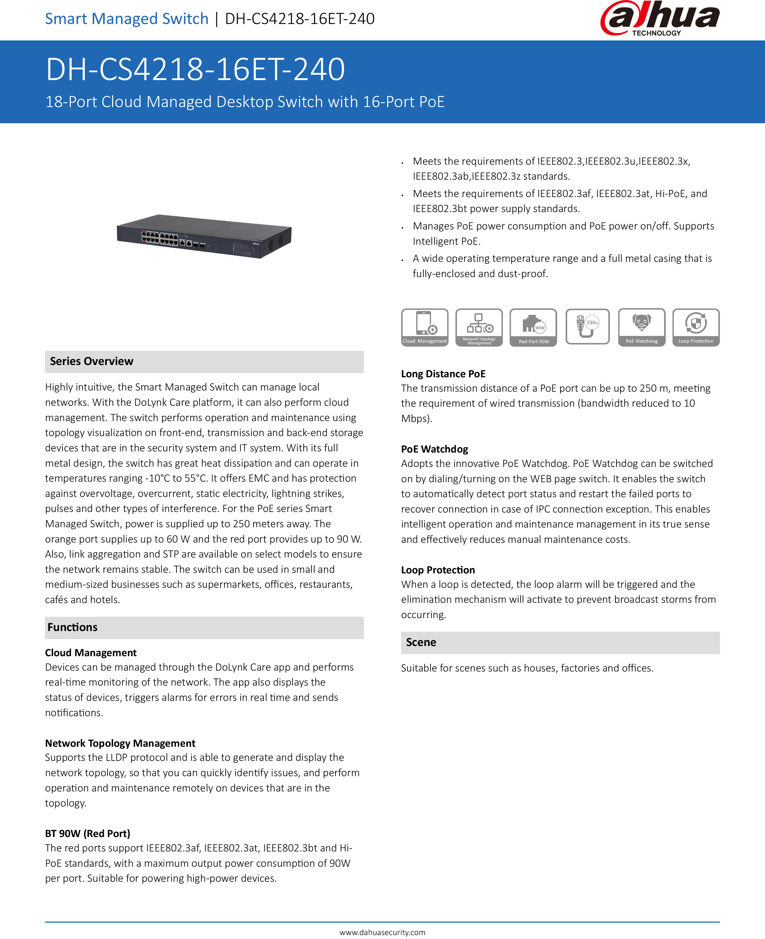 DAHUA DH-CS4218-16ET-240 : 18-Port Cloud Managed Desktop Switch with 16-Port PoE BY BILLIONAIRE SECURETECH DH-CS4218-16ET-240