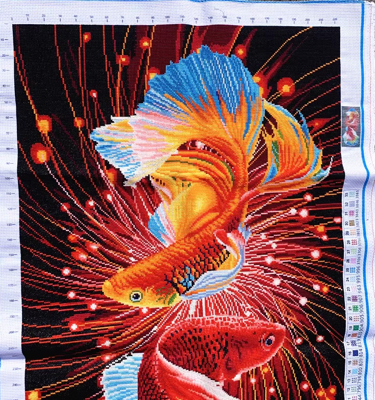 pla-1027 *พร้อมส่ง* ชุดปักครอสติช ลายคู่ปลากัด (ปักเต็มผืนผ้า ไม่มีเดินเส้น ผ้า11CTพิมพ์ลาย ปัก 3 เส้นเล็ก ) ขนาด 50*85 ซม.ผ้าครอสติช 11CTพิมพ์ลายปักบนผ้า ไหมคอตตอน 28 สี ผังลาย เข็ม