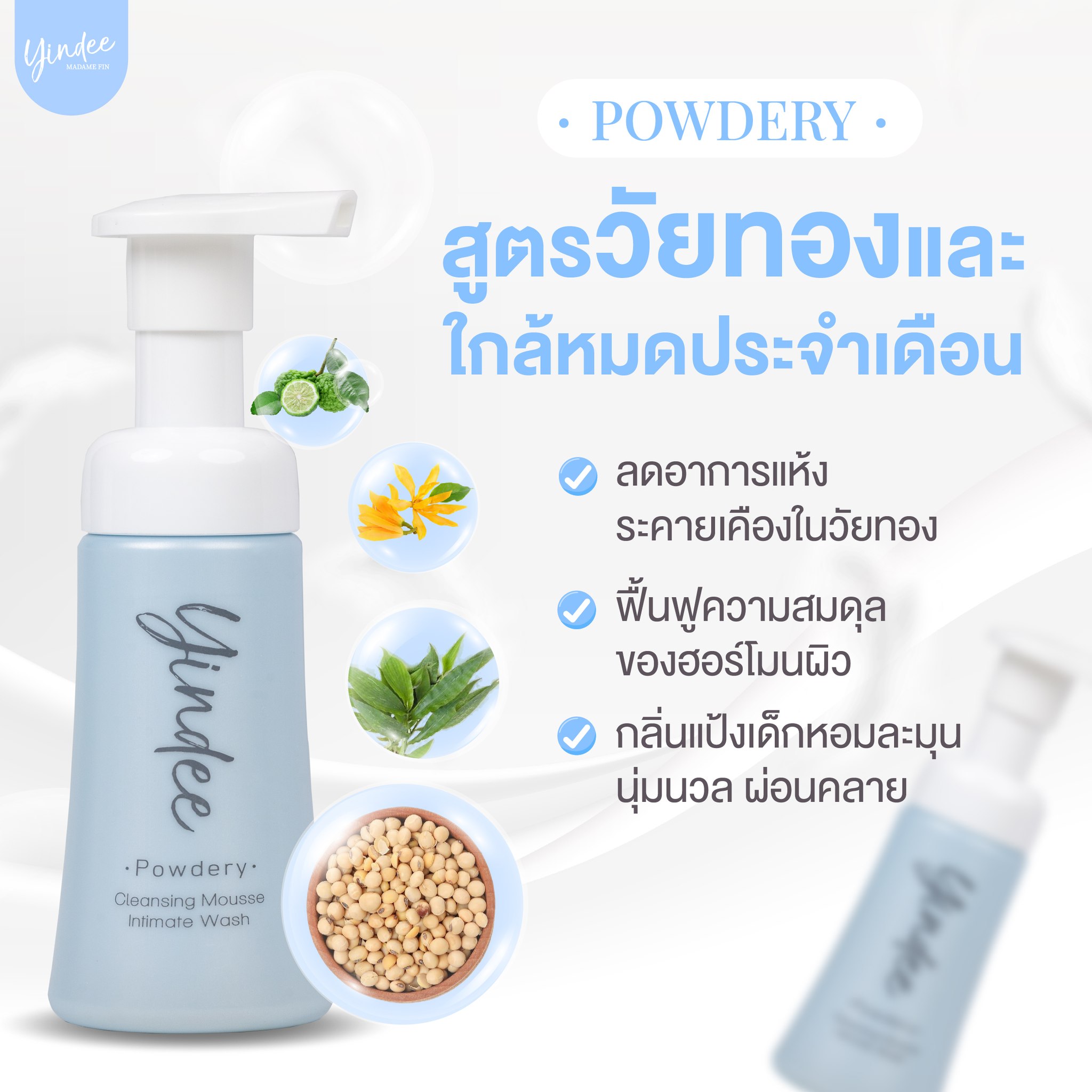 มูสมาดามฟิน ( โปร Y2 ) ยินดีมูสทำความสะอาดจุดซ่อนเร้น 2 ขวด สีฟ้า สูตรพาวเดอร์รี่