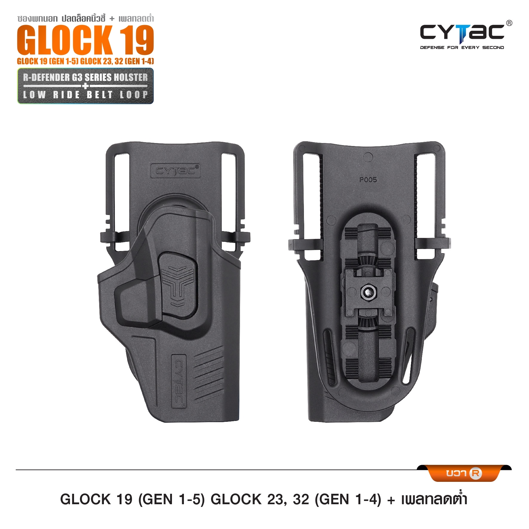 CYTAC ซองพกนอกปลดนิ้วชี้ Glock19 + เพลทลดต่ำ