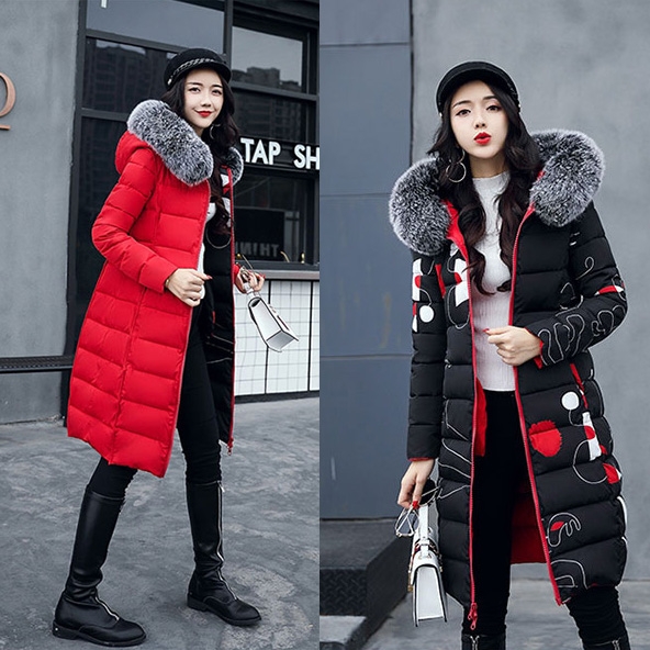 (พร้อมส่ง)เสื้อกันหนาวตัวยาว ทรงสลิม ผ้าร่มกันลมบุนวม มี Fur รอบ Hood รุ่นนี้ใส่ได้ 2 ด้าน คุ้มมาก สีดำ-แดง (L,4XL)
