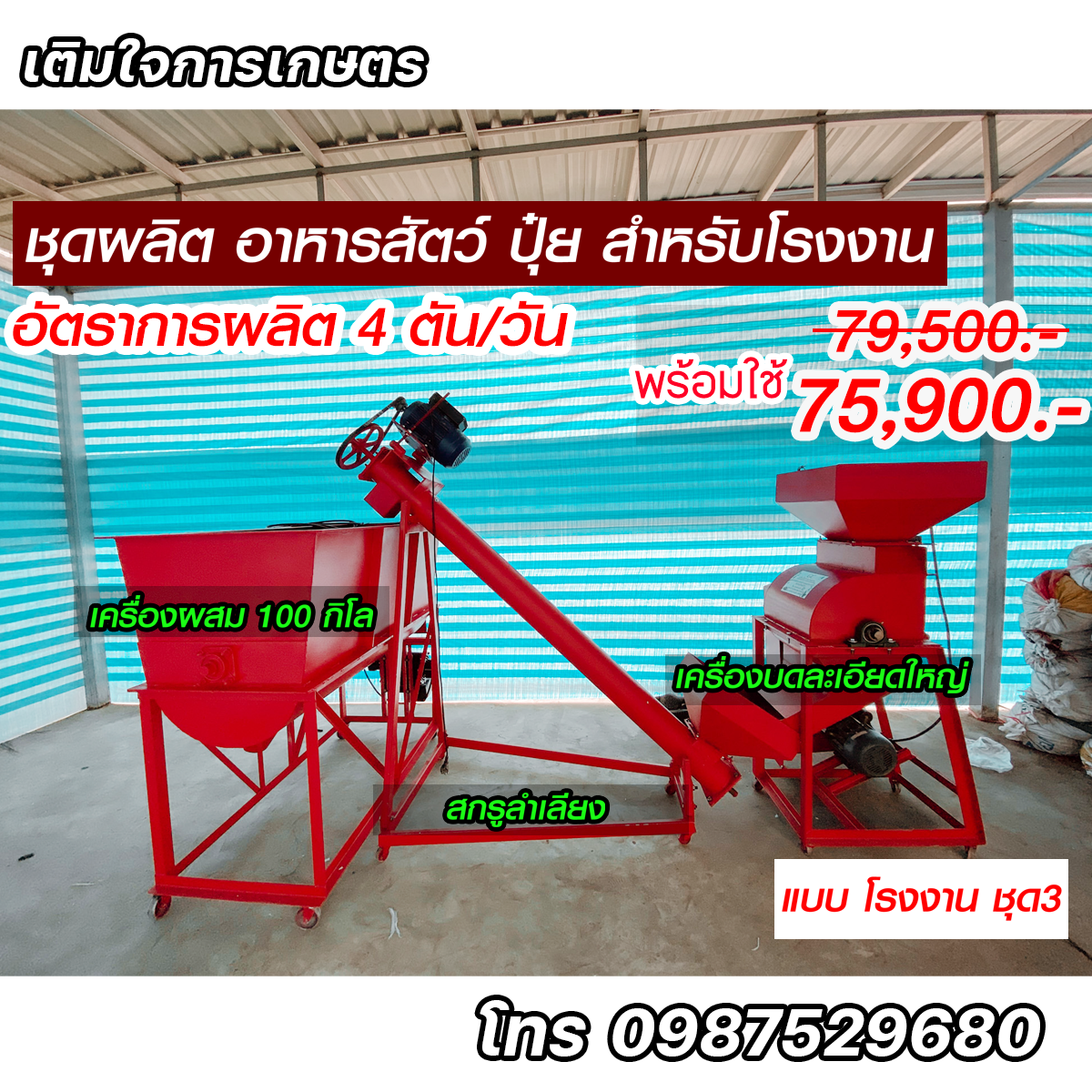 เครื่องผสม/เครื่องสกรูลำเลียง/เครื่องตีป่นใหญ่ พร้อมใช้ ผลิต 4 ตันต่อวัน แบบโรงงานชุด 3