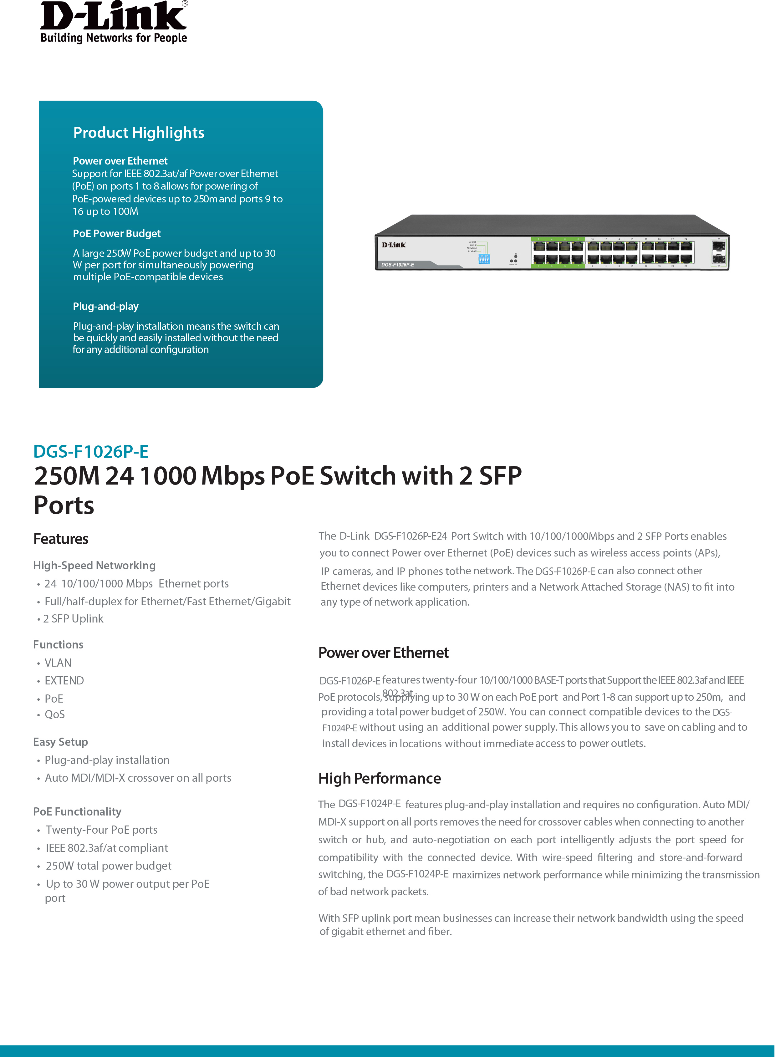 D-LINK DGS-F1026P-E : 250M 26-Port Unmanaged Gigabit Switch with 24 PoE Ports (250W) and 2 SFP Uplink Ports BY BILLIONAIRE SECURETECH DGS-F1026P-E