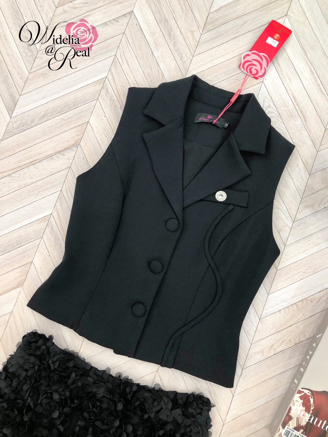 Korea Set เสื้อแขนกุดปกสูทกับกระโปรงยาว ตัวเสื้อผ้าเรียบ สีพื้น