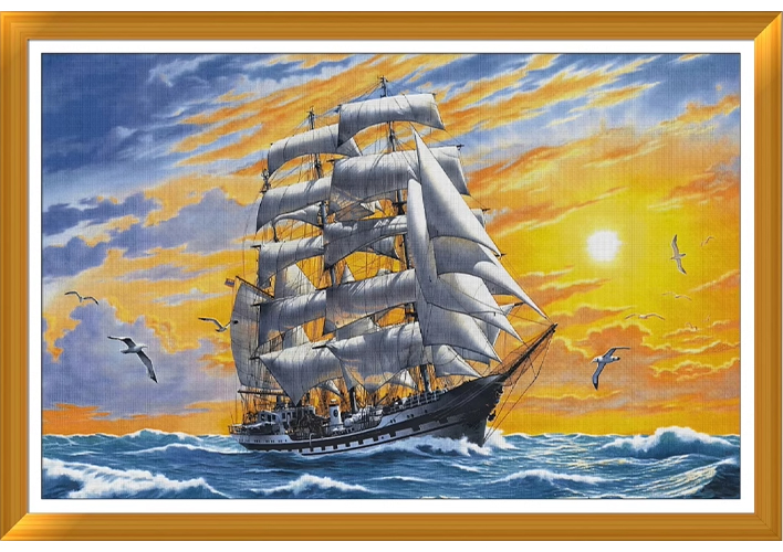 boat-1013 *พร้อมส่ง* ชุดปักครอสติช ลายล่องเรือสำเภา (ปักเต็มผืนผ้า ไม่มีเดินเส้น ผ้า11CTพิมพ์ลาย ปัก 3 เส้นเล็ก) ขนาด 81*56 ซม.ผ้าครอสติช 11CTพิมพ์ลายปักบนผ้า ไหมคอตตอน 32 สี ผังลาย เข็ม