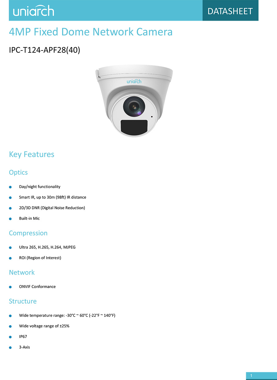 UNIARCH IPC-T124-APF28(40) กล้องวงจรปิด IP CAMERA 4MP มีไมค์ในตัว H.265 IP67 ONVIF POE BY BILLIONAIRE SECURETECH IPC-T124-APF28(40)