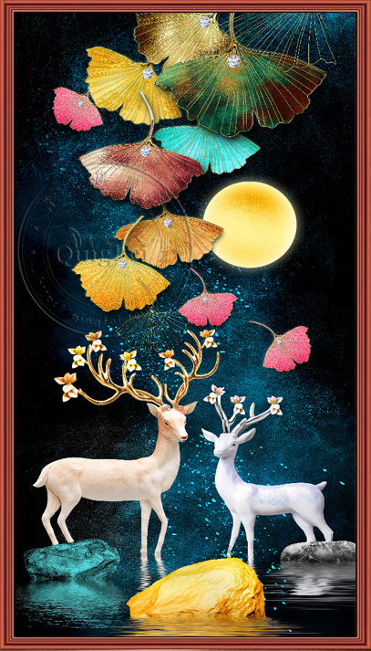 deer-1021 *สินค้าหมด* ชุดปักครอสติช ลายกวางคู่ใต้เงาจันทร์ (ปักเต็มผืนผ้า ไม่มีเดินเส้น ปักครั้งละ 3 เส้นเล็ก) ขนาด 50*90 ซม.ผ้าครอสติช 11CTพิมพ์ลายปักบนผ้า ไหมคอตตอน 49 สี ผังลาย เข็ม
