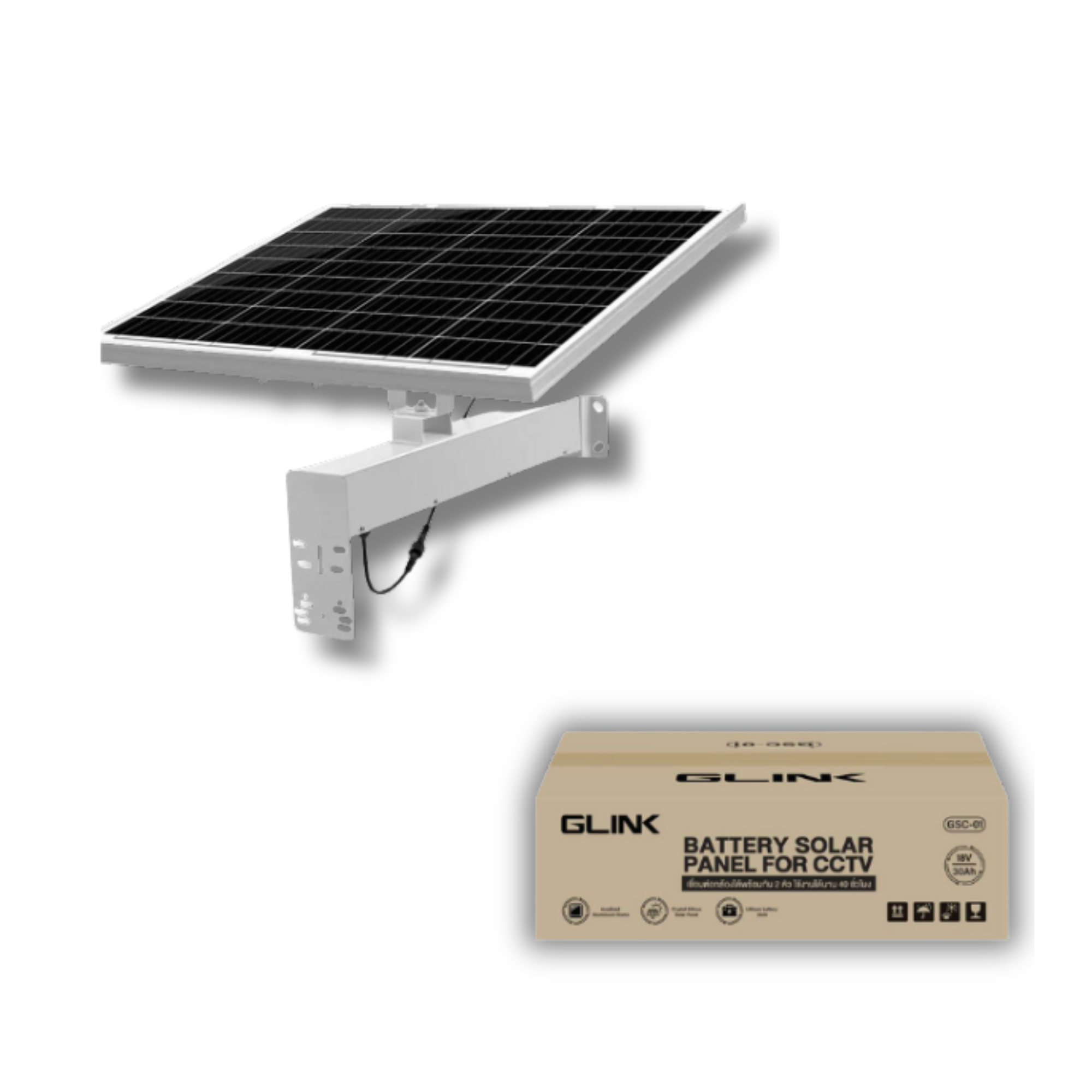 GLINK GSC-01 18V30Ah | ขายึดกล้องวงจรปิดพร้อมแผงโซล่าเซลล์ รองรับกล้อง 2 ตัว (DC 12V) แบตเตอรี่ลิเธียม 18V 30AH | BATTERY SOLAR PANEL FOR CCTV เ GSC-01