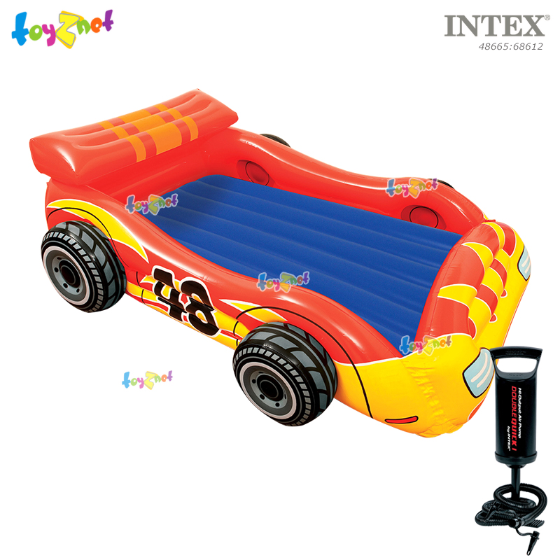 Intex ส่งฟรี ที่นอนคุณหนูทรงรถแข่ง (1.83x1.30x0.56 ม.) บอล 10 ลูก รุ่น 48665 + ที่สูบลม ดับเบิ้ลควิ๊ก วัน