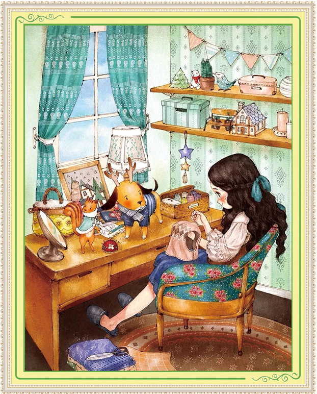 girl-1117 *สินค้าหมด* ชุดปักครอสติช ลายสาวน้อยเย็บปักถักร้อย (ปักเต็มผืนผ้า ไม่มีเดินเส้น ผ้า11CTพิมพ์ลาย ปัก 3 เส้นเล็ก) ขนาด 53*72 ซม.ผ้าครอสติช 11CTพิมพ์ลายปักบนผ้า ไหมคอตตอน 44 สี ผังลาย เข็ม