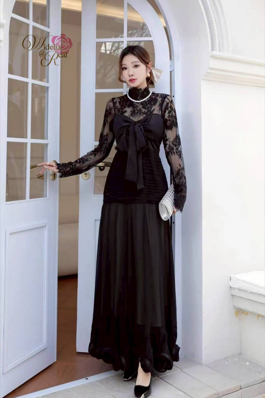 Korea Maxi Dressแขนยาวแต่งด้วยผ้าลูกไม้สีดำ