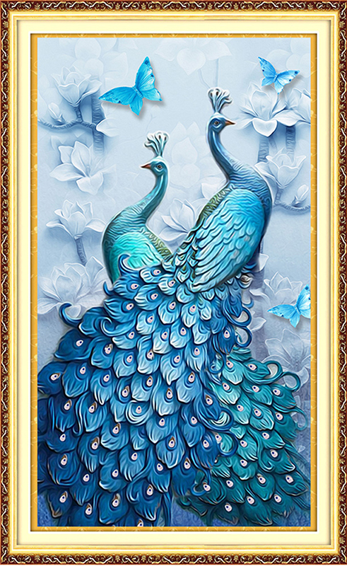 peacock-1064 *สินค้าหมด* ชุดปักครอสติช ลายคู่นกยูงฟ้า (งานปักเต็มลาย ไม่มีเดินเส้น) ขนาด 60*99 ซม.ผ้าครอสติช 11CTพิมพ์ลายปักบนผ้า ไหมคอตตอน 58 สี ผังลาย เข็ม