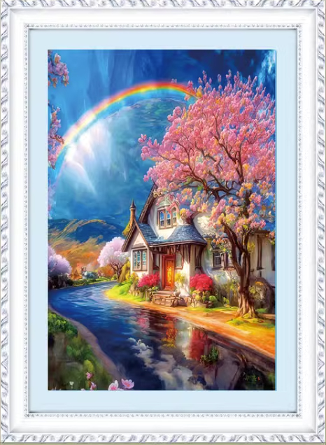 home-1148 *สินค้าหมด* ชุดปักครอสติช ลายบ้านสวยสายรุ้ง (ปักเต็มผืนผ้า ไม่มีเดินเส้น ผ้า 11CTพิมพ์ลาย มีประกาย ปัก 3 เส้นเล็ก) ขนาด 50*70 ซม.ผ้าครอสติช 11CTพิมพ์ลายปักบนผ้า ไหมคอตตอน 55 สี ผังลาย เข็ม