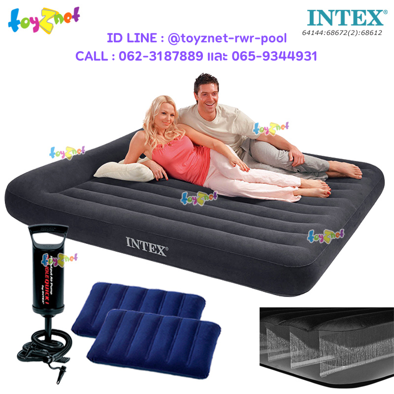 Intex ส่งฟรี ที่นอนเป่าลม ดูรา-บีม 6 ฟุต (คิง) มีที่หนุนหัวในตัว 1.83x2.03x0.25 ม. รุ่น 64144 + หมอน 2 ใบและที่สูบลม