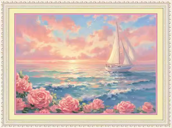 boat-1005 *สินค้าหมด* ชุดปักครอสติช ลายล่องเรือสำเภา (ปักเต็มผืนผ้า ไม่มีเดินเส้น ผ้า11CTพิมพ์ลาย ปัก 3 เส้นเล็ก) ขนาด 70*50 ซม.ผ้าครอสติช 11CTพิมพ์ลายปักบนผ้า ไหมคอตตอน 12 สี ผังลาย เข็ม