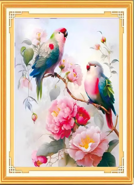 parrot-1007 *สินค้าหมด* ชุดปักครอสติช ลายนกแก้วคู่โบตั๋น (ปักเต็มผืนผ้า ไม่มีเดินเส้น ผ้า11CTพิมพ์ลาย มีประกาย ปัก 3 เส้นเล็ก) ขนาด 50*68 ซม.ผ้าครอสติช 11CTพิมพ์ลายปักบนผ้า ไหมคอตตอน 42 สี ผังลาย เข็ม