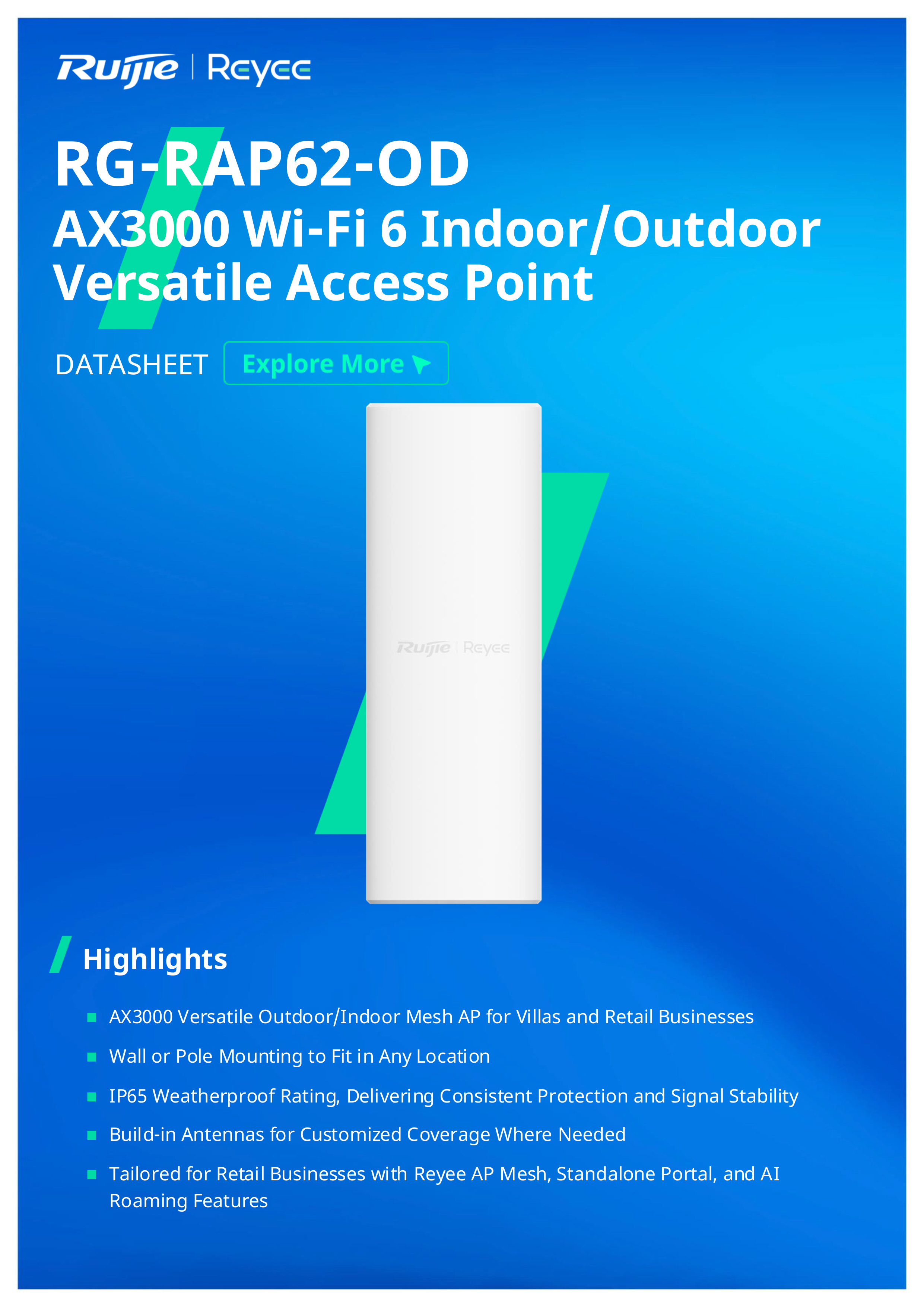 RUIJIE RG-RAP62-OD Outdoor Cloud Manage Acess Point Wi-Fi 6, AX3000, Dual Band BY BILLIONAIRE SECURETECH RG-RAP62-OD