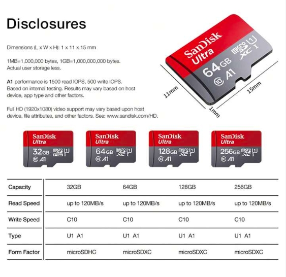 SANDISK ULTRA A1 MicroSD Card SDSQUAR_032G_GN6MA : 32 GB (BY SYNNEX) Class 10 BY BILLIONAIRE SECURETECH SANDISK ULTRA A1 32GB