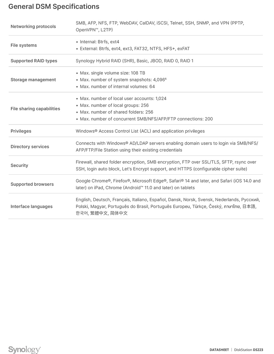 Synology DS223 NAS 2-BAY อุปกรณ์จัดเก็บข้อมูลบนเครือข่าย Realtek RTD1619B 4-core 1.7 GHz - 2GB BY BILLIONAIRE SECURETECH DS223