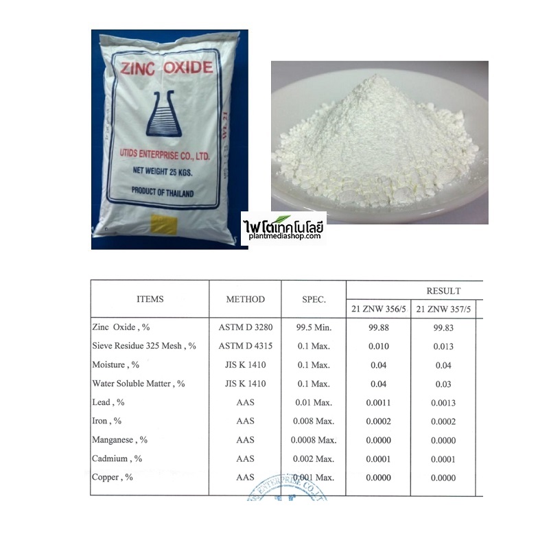 ZnO Zinc Oxide (White Seal) ซิงค์ออกไซด์ (ไม่ละลายน้ำ ประกอบด้วยธาตุ ZnO 99.8%) บรรจุ 25 กิโลกรัม