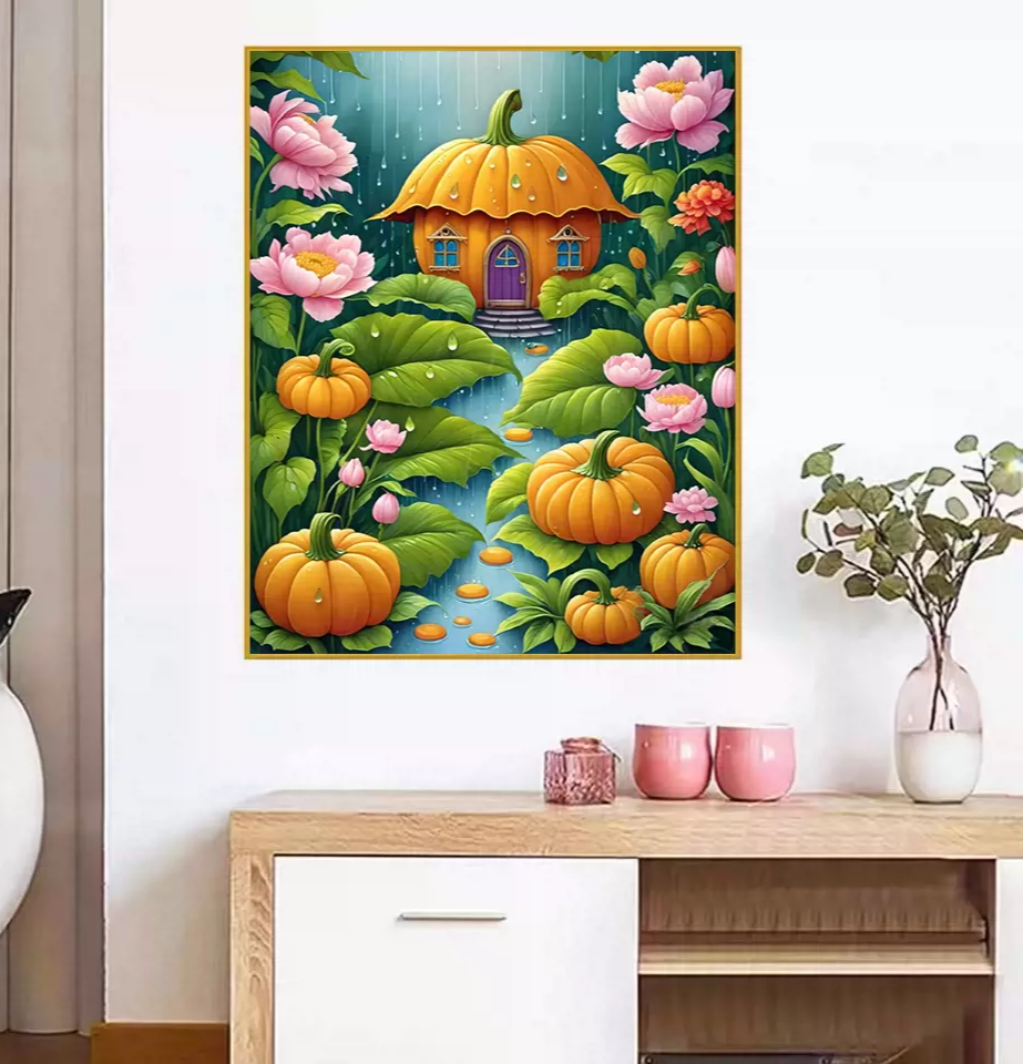 home-1023 *สินค้าหมด* ชุดปักครอสติช ลายบ้านฟักทอง (ปักเต็มผืนผ้า ไม่มีเดินเส้น ผ้า9CTพิมพ์ลาย ปัก 4 เส้นเล็ก) ขนาด 65*85 ซม.ผ้าครอสติช 9CTพิมพ์ลายปักบนผ้า ไหมคอตตอน 45 สี ผังลาย เข็ม