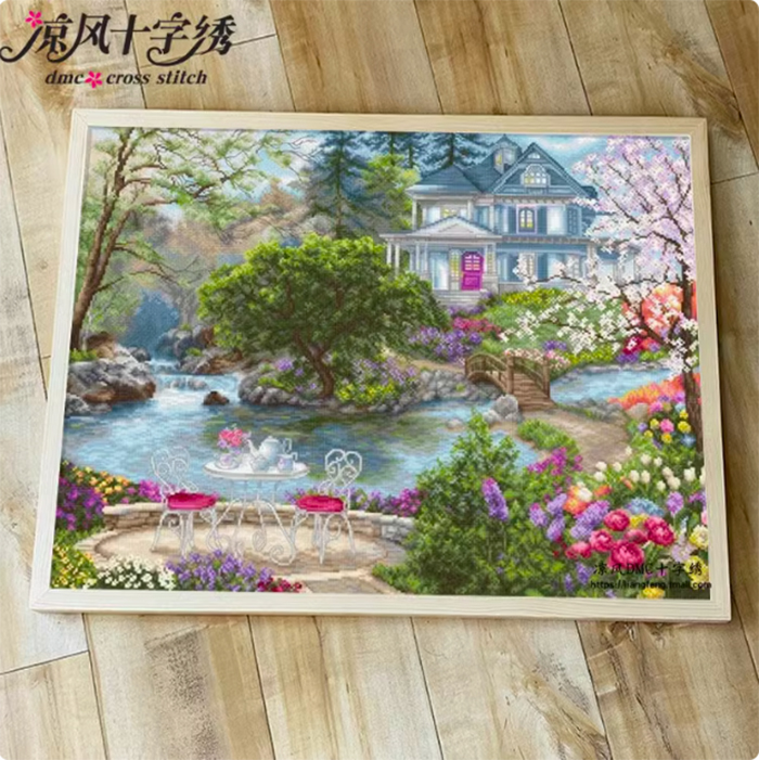 home-1136 *สินค้าหมด* ชุดปักครอสติช ลายบ้านใหญ่ในสวนสวย (ปักเต็มผืนผ้า ไม่มีเดินเส้น ผ้า14CTพิมพ์ลาย ปัก 2 เส้นเล็ก) ขนาด 62*52 ซม.ผ้าครอสติช 14CTพิมพ์ลายปักบนผ้า ไหมคอตตอน 60 สี ผังลาย เข็ม