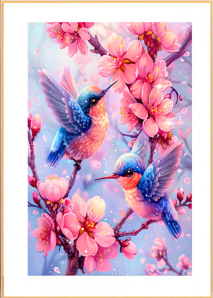 bird-1003 *สินค้าหมด* ชุดปักครอสติช ลายนกคู่ดอกพีช (ปักเต็มผืนผ้า ไม่มีเดินเส้น ผ้า11CTพิมพ์ลาย ปัก 3 เส้นเล็ก) ขนาด 50*70 ซม.ผ้าครอสติช 11CTพิมพ์ลายปักบนผ้า ไหมคอตตอน 41 สี ผังลาย เข็ม