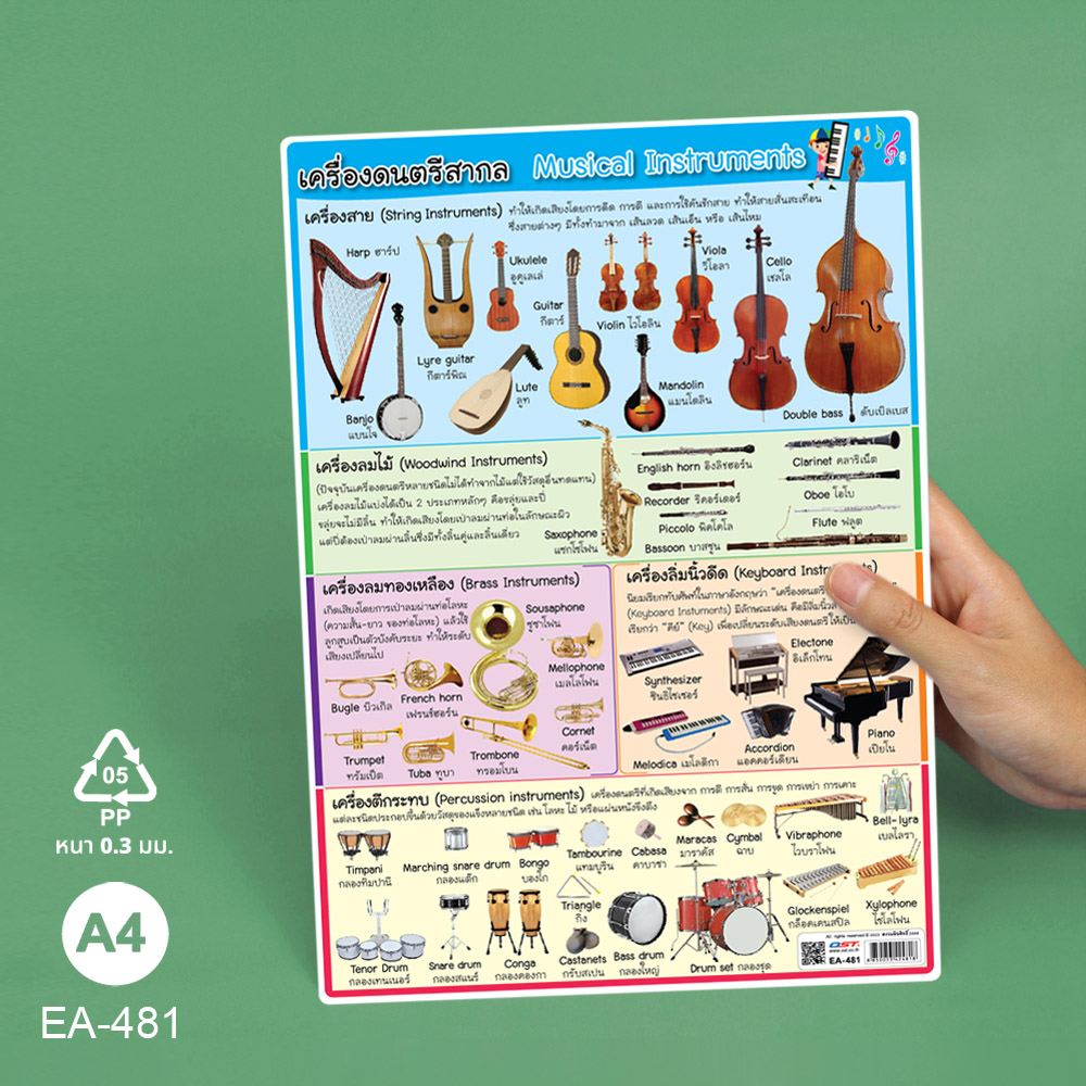 โปสเตอร์ความรู้ คำศัพท์ ไทย-อังกฤษ ชุดเครื่องดนตรีสากล ขนาดA4 EA-481