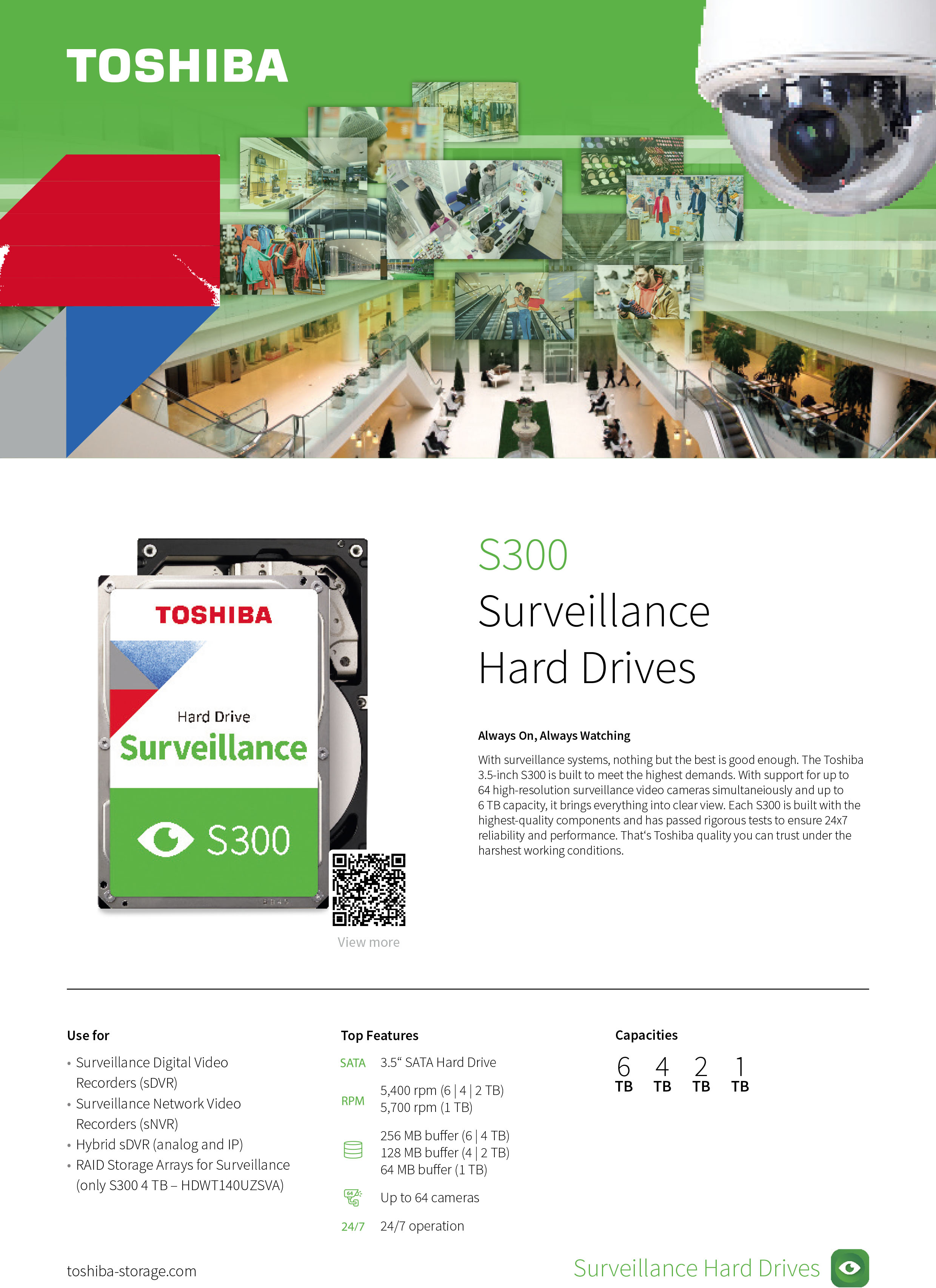 TOSHIBA S300 HDWT720 HARDDISK FOR CCTV 2TB 5400RPM , 128MB Buffer , SATA3 , 3.5" BY BILLIONAIRE SECURETECH TOSHIBA S300 2TB