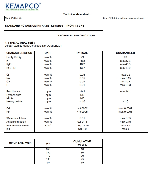 KNO3 Potassium Nitrate ปุ๋ยเกล็ด KEMAPCO 13-0-46 จากประเทศจอร์แดน บรรจุ 25 กิโลกรัม