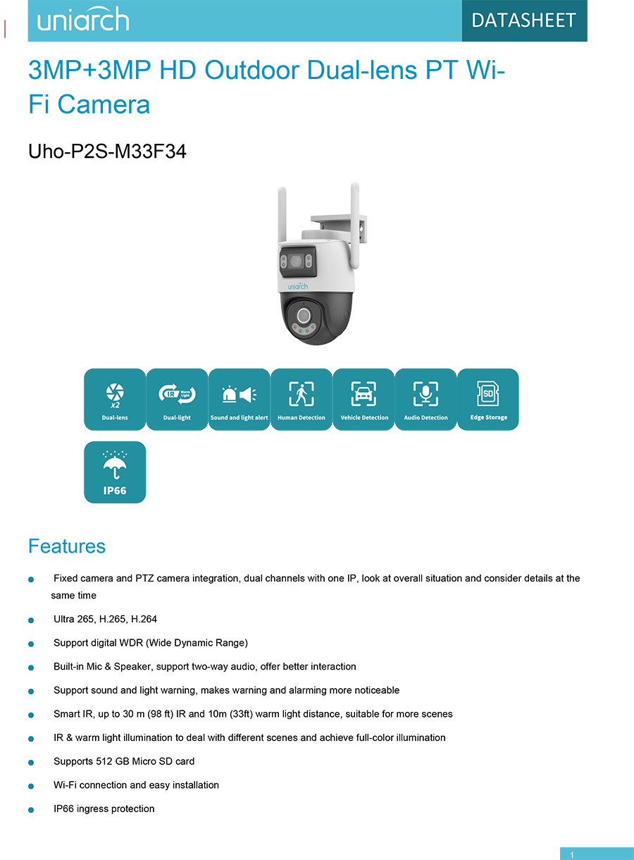 UNIARCH Uho-P2S-M33F34 (2.8+4 mm.) กล้องวงจรปิด 3MP+3MP HD Outdoor Dual-lens PT WiFi Camera Dual Light มีไมค์และลำโพงในตัว ใช้งานภายใน BY BILLIONAIRE SECURETECH Uho-P2S-M33F34