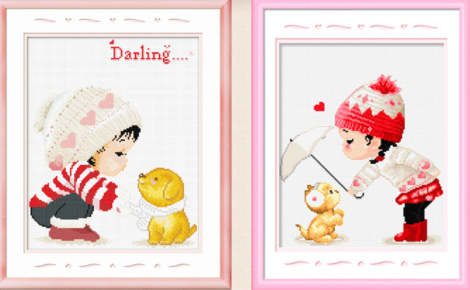 girl-1118 *สินค้าหมด* ชุดปักครอสติช ลายเซต 2 ชิ้น เด็กน้อยกับน้องหมา ขนาดภาพละ 37*42 ซม.ผ้าครอสติช 11CTพิมพ์ลายปักบนผ้า ไหมคอตตอน 47 สี ผังลาย เข็ม